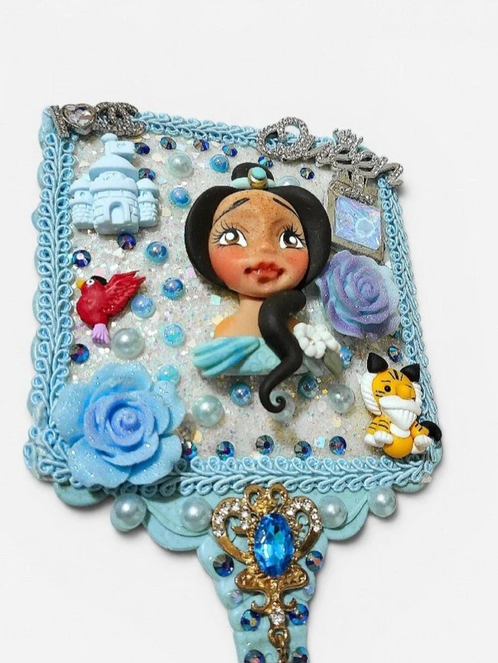 Princess Jasmin Handheld Beauty Makeup Mirror Clay Doll Embellished Fashion Blue